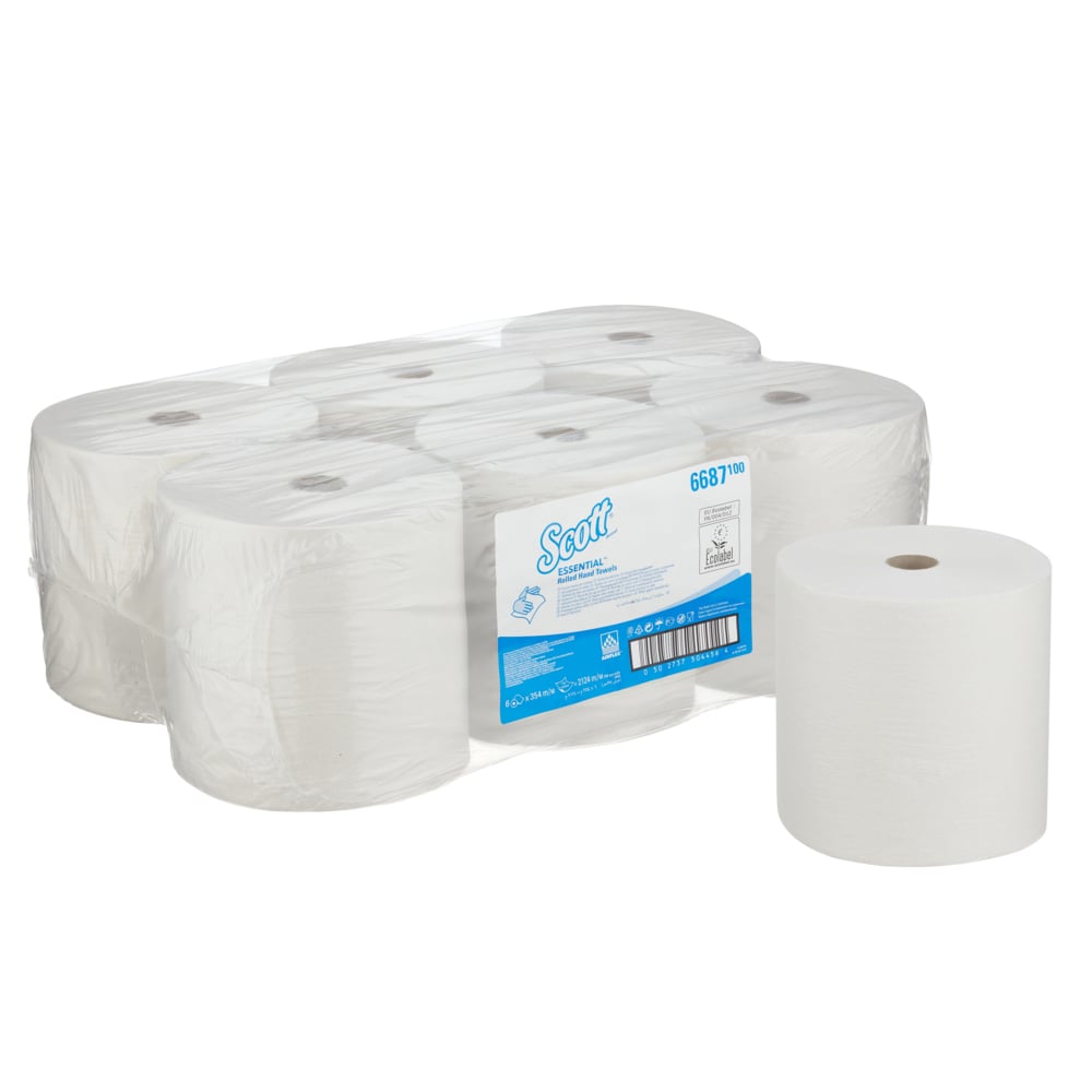 Six Scott® ESSENTIAL™ Handtücher - Weiß Papierhandtuch Rollen (6 x 1 Blatt) von Kimberly-Clark GmbH sind in Folie verpackt. Das Label zeigt Marke und Details in Blau-Weiß und betont die hygienischen Handtücher.