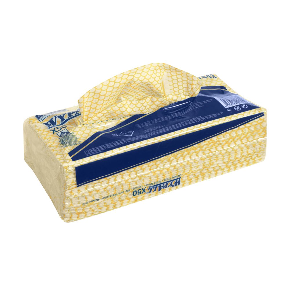 Suorakulmainen kelta-valkoinen Kimberly-Clark GmbH:n pakkaus, jossa on kahva, sisältää taiteltuja WypAll® X50 pyyhkeitä (41,80 x 24,70 cm). Sinisellä merkityssä pakkauksessa on viivakoodi sivulla ja se on suunniteltu helppoon pyyhkeiden jakeluun.