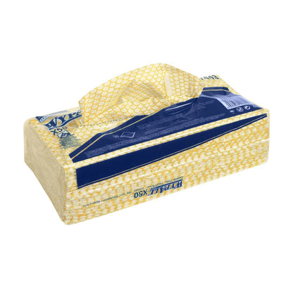 Suorakulmainen kelta-valkoinen Kimberly-Clark GmbH:n pakkaus, jossa on kahva, sisältää taiteltuja WypAll® X50 pyyhkeitä (41,80 x 24,70 cm). Sinisellä merkityssä pakkauksessa on viivakoodi sivulla ja se on suunniteltu helppoon pyyhkeiden jakeluun.