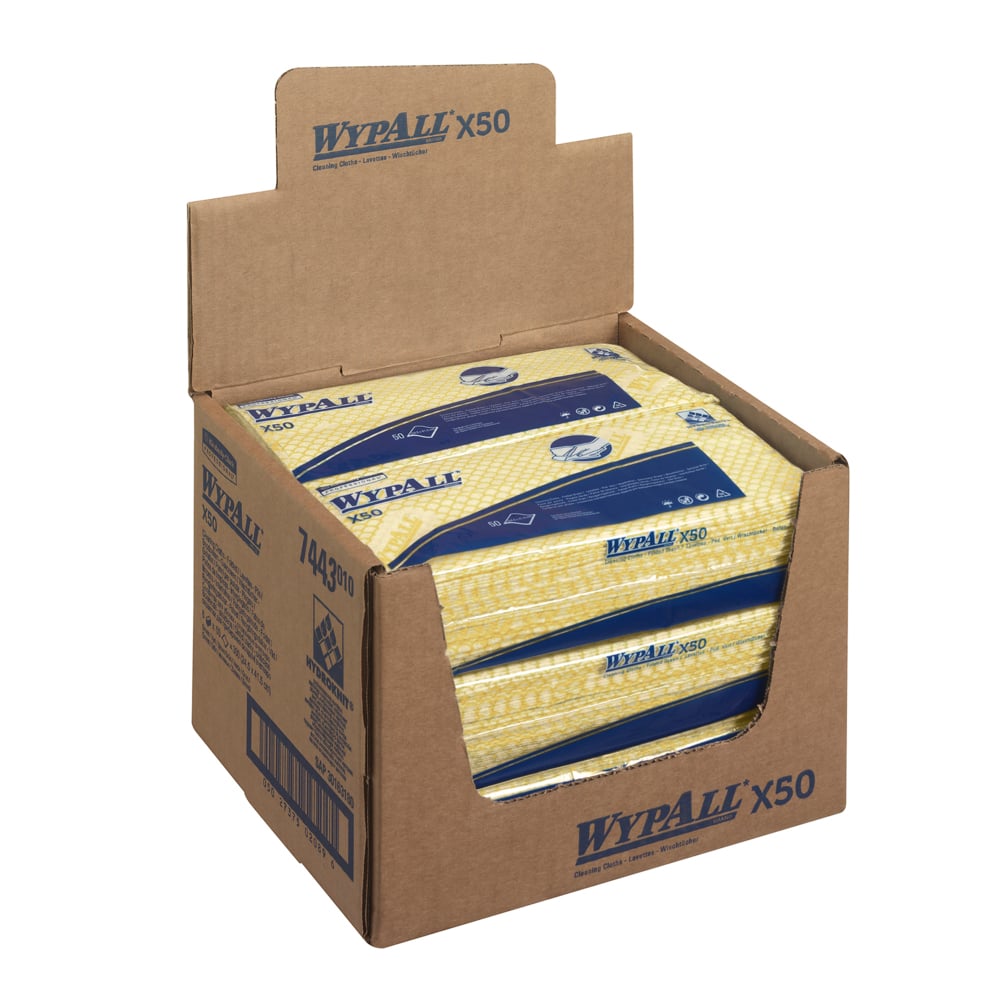Ruskea laatikko, jossa on merkintä "WypAll® X50 pyyhkeet - Interfold / 41,80 cm x 24,70 cm" Kimberly-Clark GmbH:lta, sisältää keltaisia ja sinisiä teollisia puhdistuspyyhkeitä, joista osa on näkyvissä yläosan aukon kautta.