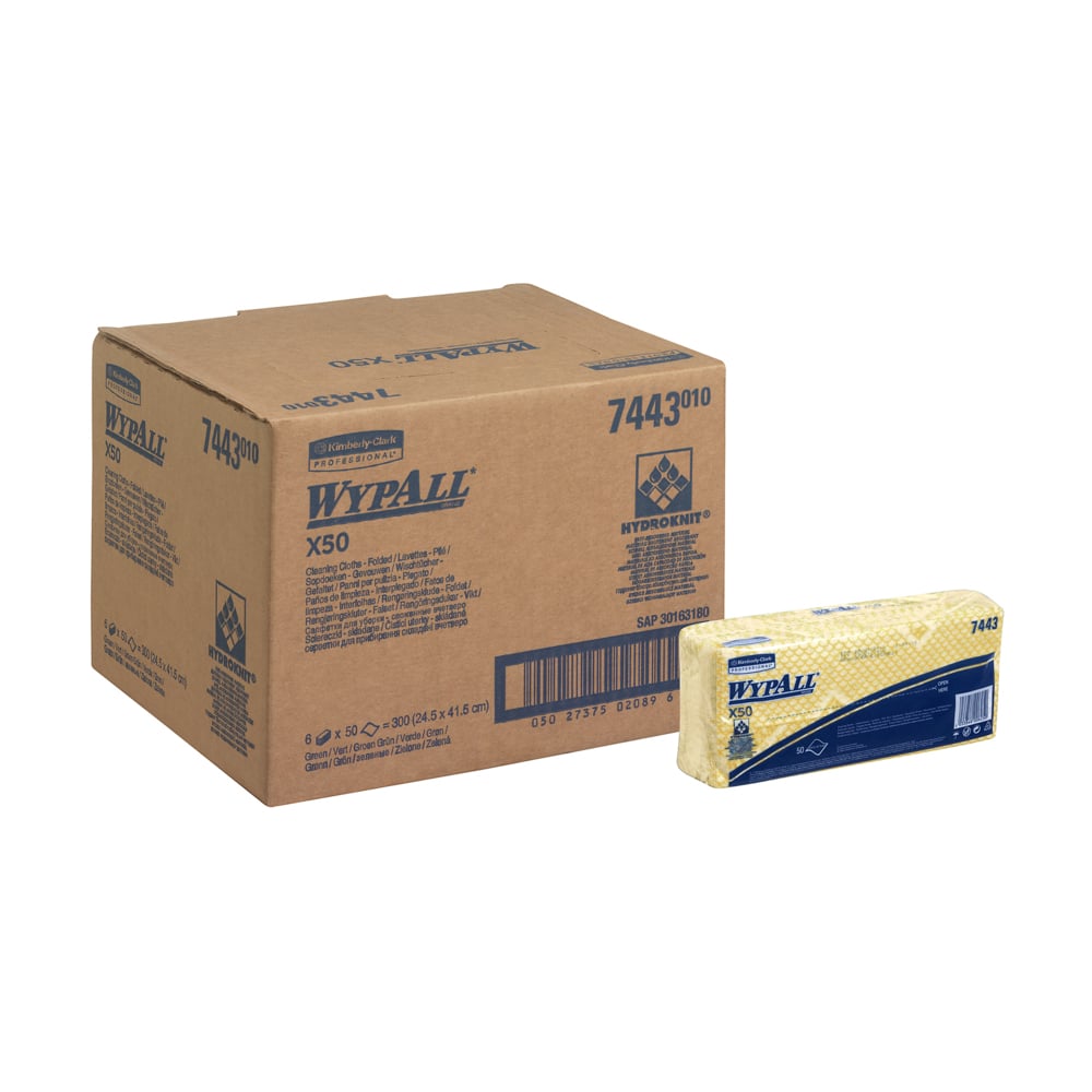 Laatikko, jossa on merkintä WypAll® X50 pyyhkeet - Interfold (41,80 cm x 24,70 cm) Kimberly-Clark GmbH:lta, seisoo taiteltujen keltaisten WypAll® X50 pyyhkeiden vieressä, molemmissa on brändi- ja tuoteinformaatio.