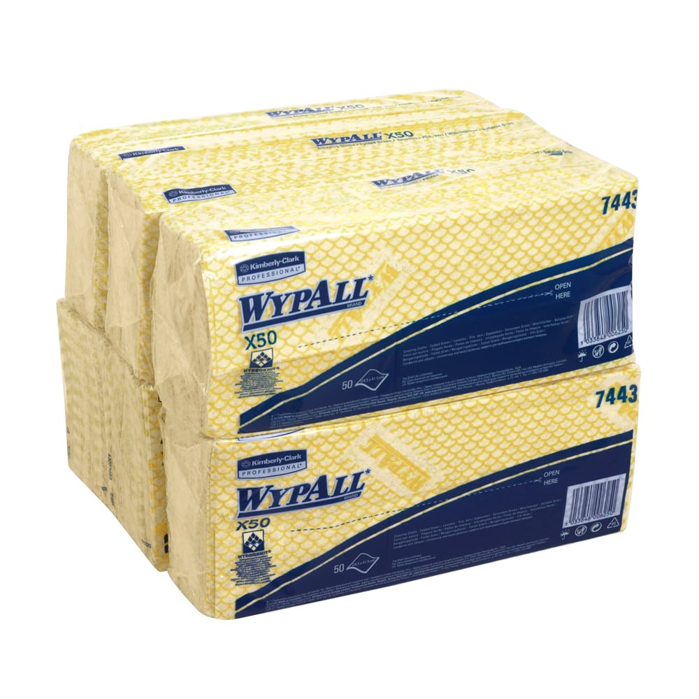 Kaksi Kimberly-Clark GmbH:n WypAll® X50 pyyhepakkausta - Interfold (kumpikin 50 pyyhettä, 41,80 x 24,70 cm) on pinottu; pakkauksessa näkyvät selvästi brändi- ja tuoteinformaatio.