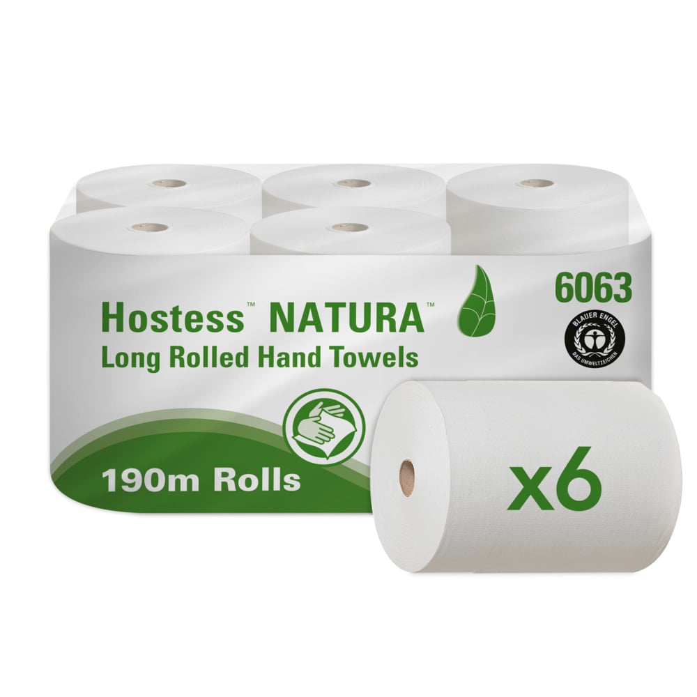 Pakkaus, jossa on kuusi harmaata Hostess™ NATURA -käsipyyhettä Kimberly-Clark GmbH:lta, kukin yksikerroksinen, "190m Rolls" ja sertifiointilogot pakkauksessa - ihanteelliset ympäristöystävälliset rullakäsipyyhkeet arkeen.