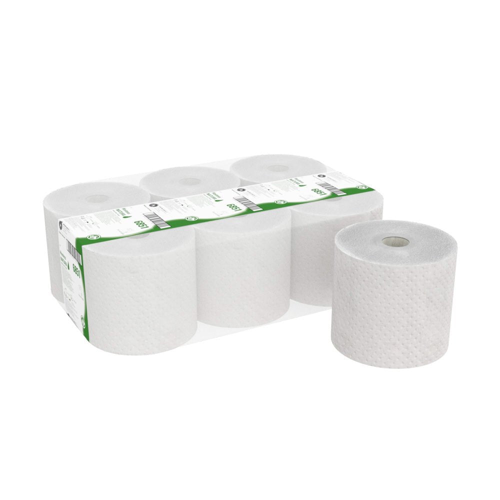 Kuvassa on pakkaus, jossa on kuusi Hostess™ NATURA -rullapyyhettä Kimberly-Clark GmbH:lta - viisi muoviin pakattua luonnonväristä rullaa vihreällä ja valkoisella tekstillä sekä yksi pakkaamaton rulla, joka seisoo pystyssä pakkauksen vieressä.