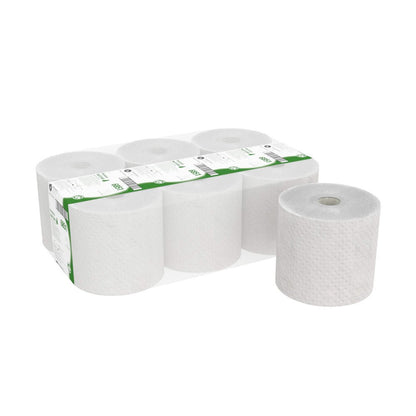 Kuvassa on pakkaus, jossa on kuusi Hostess™ NATURA -rullapyyhettä Kimberly-Clark GmbH:lta - viisi muoviin pakattua luonnonväristä rullaa vihreällä ja valkoisella tekstillä sekä yksi pakkaamaton rulla, joka seisoo pystyssä pakkauksen vieressä.