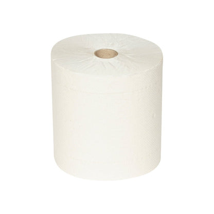 Yksittäinen Hostess™ NATURA -rullapyyhe Kimberly-Clark GmbH:lta, kuvattu yksinkertaista valkoista taustaa vasten, korostaa kestävien luonnonmateriaalien yksinkertaisuutta ja houkuttelevuutta.