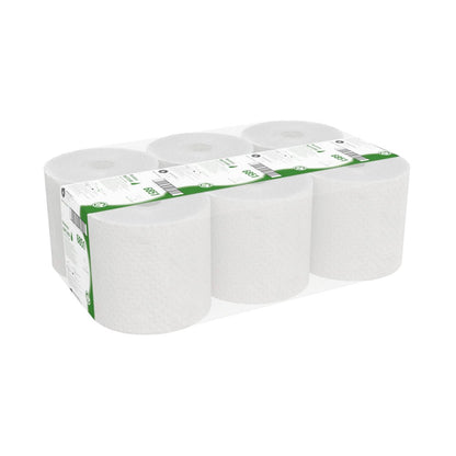 Laatikko, jossa on 6 Kimberly-Clark GmbH:n Hostess™ NATURA -rullapyyhettä, jokainen pakattu luonnonpaperiin vihreä-valkoisella etiketillä - täydellinen kaikille, jotka etsivät kestäviä pyyhkeitä korkealaatuisista materiaaleista.