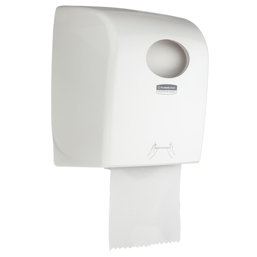 Aquarius™ rullapyyheannostelija - valkoinen Kimberly-Clark GmbH:lta on hygieeninen seinäannostelija julkisiin tiloihin, jossa on näkyvä paperipyyhe, pyöreä täyttöaukko ylhäällä ja käyttöohjeet käsipiirroksina.