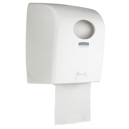 Aquarius™ rullapyyheannostelija - valkoinen Kimberly-Clark GmbH:lta on hygieeninen seinäannostelija julkisiin tiloihin, jossa on näkyvä paperipyyhe, pyöreä täyttöaukko ylhäällä ja käyttöohjeet käsipiirroksina.
