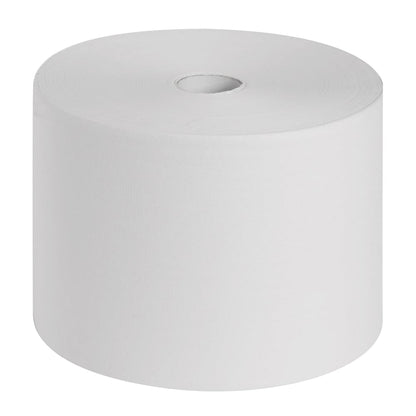 Kimberly-Clark GmbH:n Scott® ESSENTIAL™ lääkärirullat, 6 rullaa x 200 arkkia, valkoisena, seisovat pystyasennossa, keskellä näkyvä pahviydin - täydellinen hygieniaan lääketieteellisellä alalla yksinkertaisella valkoisella taustalla.