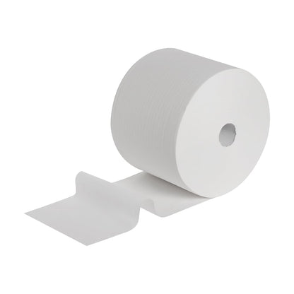 Scott® ESSENTIAL™ lääkärirullapaperi Kimberly-Clark GmbH:lta on kuvattu valkoisena, osittain avattuna ja litteänä. Jokainen pakkaus sisältää 6 rullaa, joissa on 200 arkkia per rulla, ihanteellinen hygieeniseen käyttöön lääketieteellisissä laitoksissa.