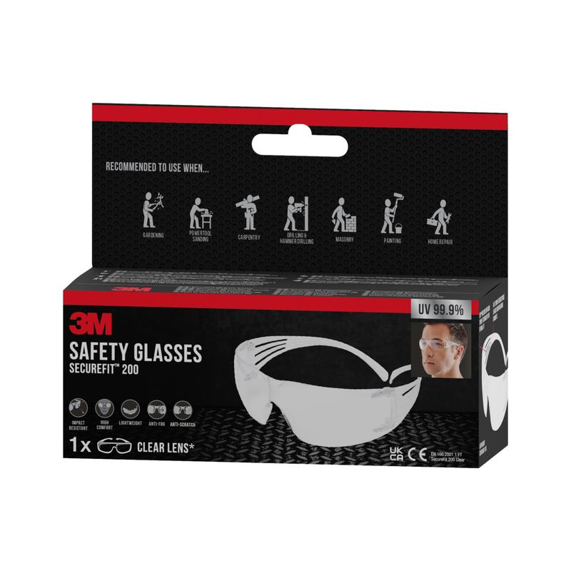 Laatikko 3M™ SecureFit™ suojalaseja 200, 3M Deutschland GmbH, kirkkailla linsseillä, 99,9 % UV-suojalla ja pakkauksella, joka esittää kuvaa laseista sekä suositellun käytön symboleja.