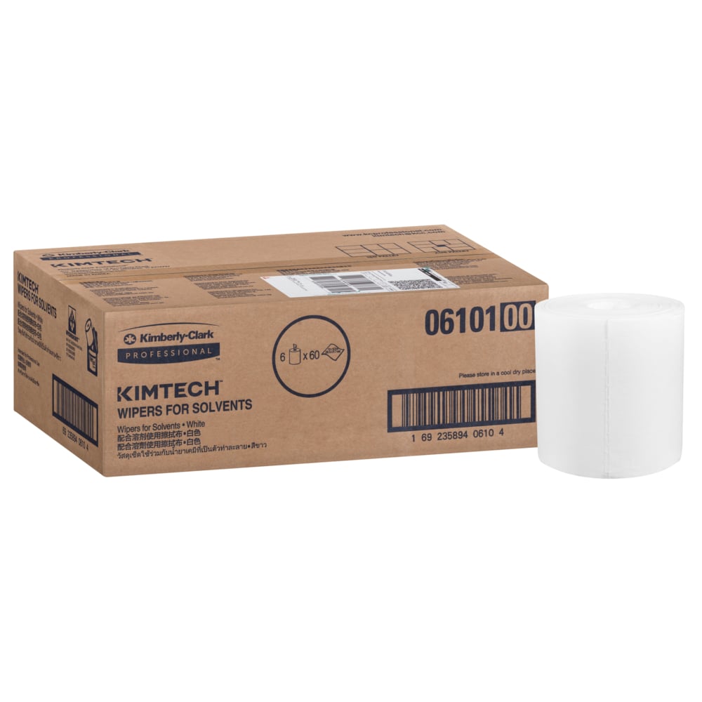 Ruskea laatikko, jossa lukee "WypAll® Wettask™ PowerClean" Kimberly-Clark GmbH:lta, seisoo valkoisen rullan vieressä. Laatikko (6 rullaa) sisältää 6 täyttöpakkausta, joissa on kukin 60 arkkia - ihanteellinen ammattimaiseen puhdistukseen, varustettu tuotetiedoilla ja viivakoodeilla.