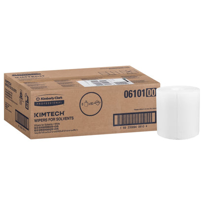Ruskea laatikko, jossa lukee "WypAll® Wettask™ PowerClean" Kimberly-Clark GmbH:lta, seisoo valkoisen rullan vieressä. Laatikko (6 rullaa) sisältää 6 täyttöpakkausta, joissa on kukin 60 arkkia - ihanteellinen ammattimaiseen puhdistukseen, varustettu tuotetiedoilla ja viivakoodeilla.