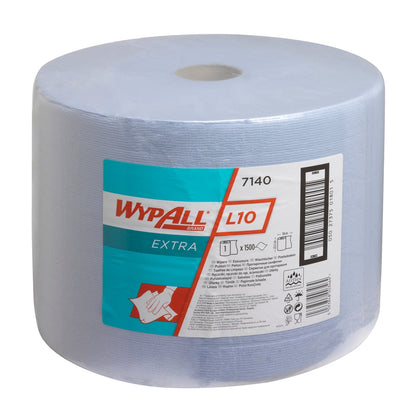 Ein WypAll® L10 EXTRA Wischtücher Großrolle (Blau, 1 Rolle x 1500 Blatt) von Kimberly-Clark GmbH steht aufrecht auf einem weißen Hintergrund. Das Etikett hebt diese blauen Reinigungstücher als ideal für den industriellen Einsatz hervor.