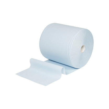Suuri WypAll® L10 paperipyyhe pintojen puhdistukseen (suurirulla, erityisen leveä: 38,00 cm x 32,50 cm) Kimberly-Clark GmbH:lta, hieman avattua paperia, ihanteellinen pintojen puhdistukseen, esitettynä valkoisella taustalla.