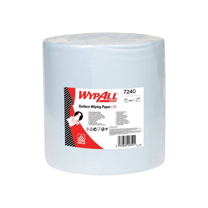 WypAll® L10 paperipyyhe pintojen puhdistukseen suurirulla Kimberly-Clark GmbH:lta (38,00 cm x 32,50 cm) on erityisen leveä ja pakattu kirkkaaseen muoviin; valkoinen ja punainen etiketti näyttää tuotetiedot ja symbolit pintojen puhdistukseen.