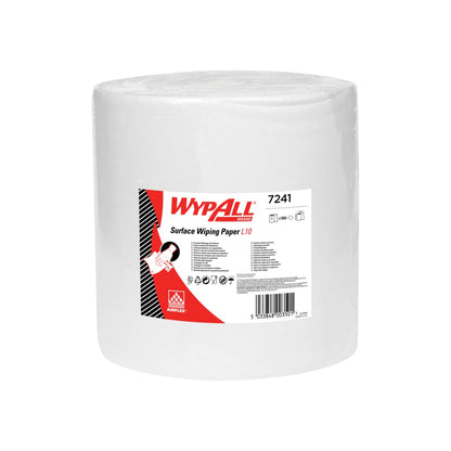 WypAll® L10 paperipyyhe pintojen puhdistukseen - suurirulla (Kimberly-Clark GmbH) on erityisen leveä valkoinen rulla (38,00 cm x 32,50 cm), täydellinen suuriin puhdistustehtäviin, punavalkoisella etiketillä, jossa on tuotetiedot ja ohjeet.