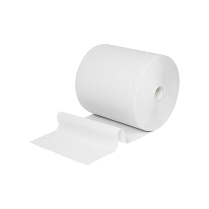 Suuri WypAll® L10 paperipyyhe pintojen puhdistukseen suurirulla (erityisen leveä, 38,00 cm x 32,50 cm) Kimberly-Clark GmbH:lta on avattu ja litteä, ihanteellinen pintojen puhdistukseen, kuvattuna yksinkertaisella valkoisella taustalla.