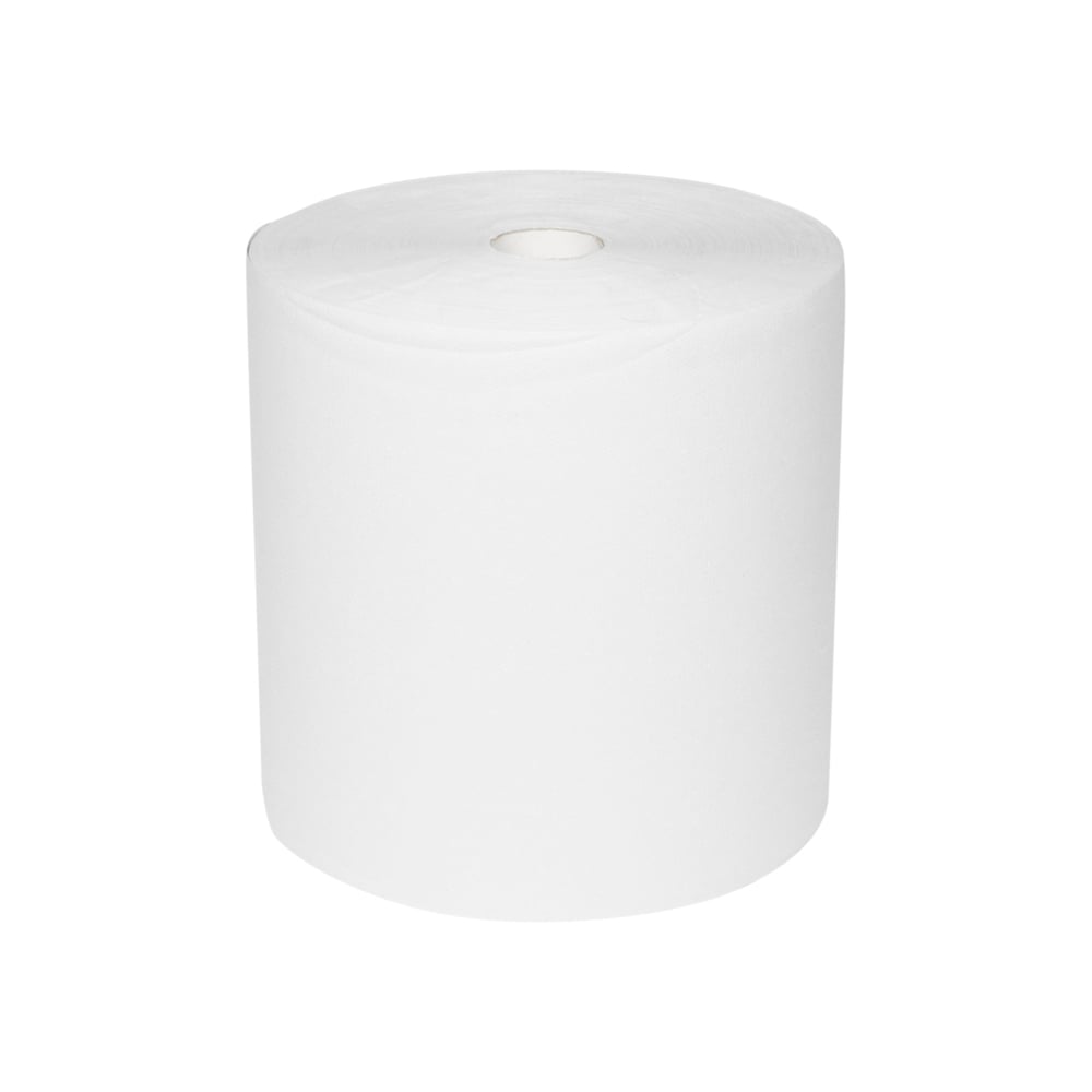 Suuri, valkoinen WypAll® L10 paperipyyhe pintojen puhdistukseen - suurirulla (erityisen leveä, 38,00 cm x 32,50 cm) Kimberly-Clark GmbH:lta seisoo pystyssä yksivärisellä valkoisella taustalla ja siinä on pieni pahviputki keskellä tehokasta puhdistusta varten.