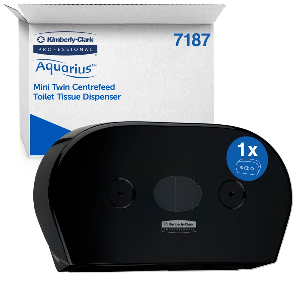 Musta Kimberly-Clark Professional™ WC-paperiannostelija - Keskusannostelu/Jumbo Kimberly-Clark GmbH:ltä on kuvattu sen valko-sinisen pakkauslaatikon edessä, jossa on tuotetiedot ja numero 7187.