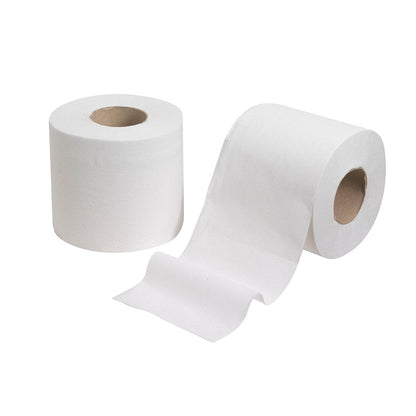 Abgebildet sind zwei weiße Kleenex® Toilettenpapierrollen (Kleinrollen, 2 x 200 Blatt) der Kimberly-Clark GmbH - eine aufrecht, eine teilweise abgerollt - auf weißem Hintergrund. Perfekt für die Bevorratung mit der Option Auslaufartikel 24er-Pack.