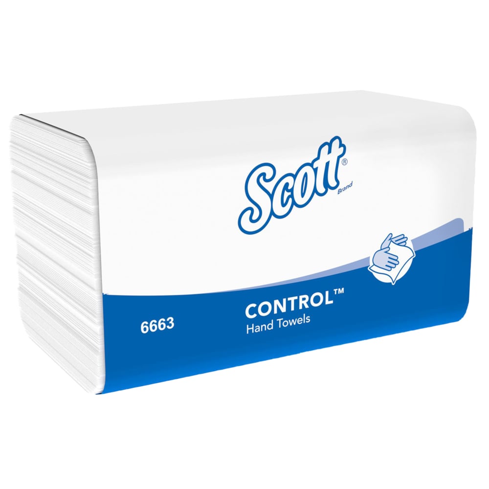 Pakkaus Scott® CONTROL™ taittopaperipyyhkeitä - valkoinen (15 klipsiä x 212 arkkia) Kimberly-Clark GmbH:lta on kuvattu pääosin valkoisessa pakkauksessa, jossa on sininen pohja, korostaen hygieenistä käsien kuivaamista imukykyisellä paperilla.
