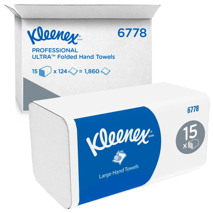 Kimberly-Clark GmbH:n Kleenex® taittopaperipyyhkeet Valkoinen/Suuri-pakkaus on esillä merkkipahvilaatikon edessä, molemmissa 15 klipsiä x 124 arkkia per laatikko (15 pakkausta), yhteensä 1 860 pyyhettä.