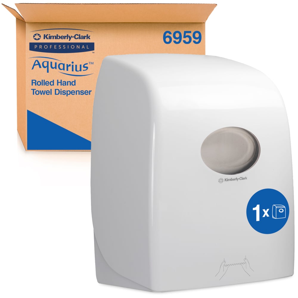 Aquarius™ rullapyyheannostelija - valkoinen Kimberly-Clark GmbH:lta seisoo ruskean pakkauslaatikkonsa edessä, jossa on tuotemerkki- ja tuotetiedot. Hygieeninen annostelija, jossa on läpinäkyvä etuosa, sopii erinomaisesti julkisiin tiloihin.