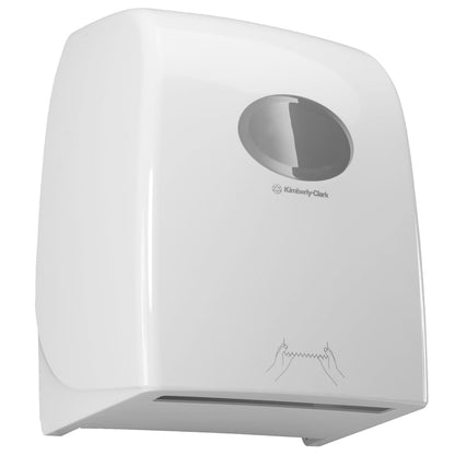 Aquarius™ rullapyyheannostelija Kimberly-Clark GmbH:lta valkoisena on hygieeninen seinäannostelija, jossa on ikkuna, ja se on ihanteellinen julkisiin tiloihin, ja selkeiden ohjeiden ansiosta paperipyyhkeiden repiminen on helppoa.