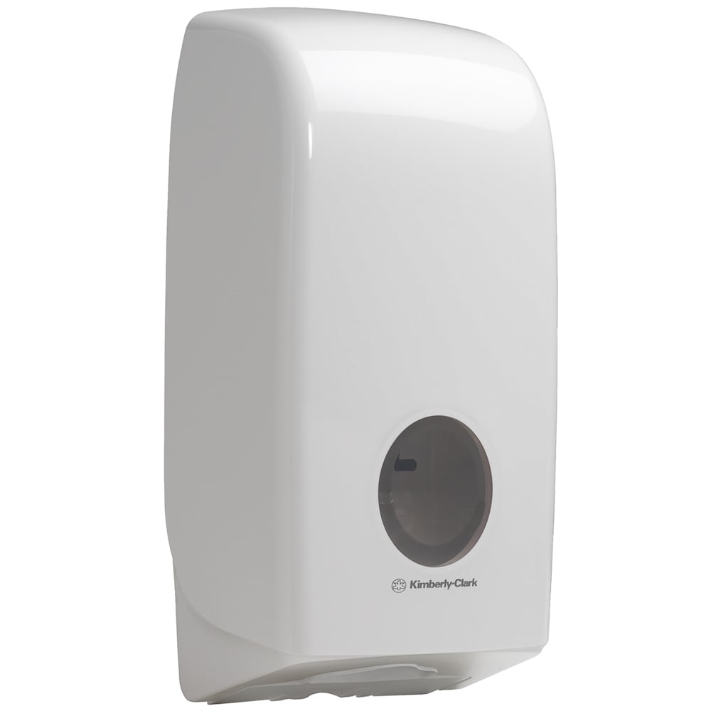 Kimberly-Clark GmbH:n valkoinen Aquarius™ WC-paperiannostelija on seinään kiinnitettävä suorakulmainen annostelija, jossa on pieni läpinäkyvä ikkuna paperitasolle, ihanteellinen hygieeniseen säilytykseen kaikissa ympäristöissä.