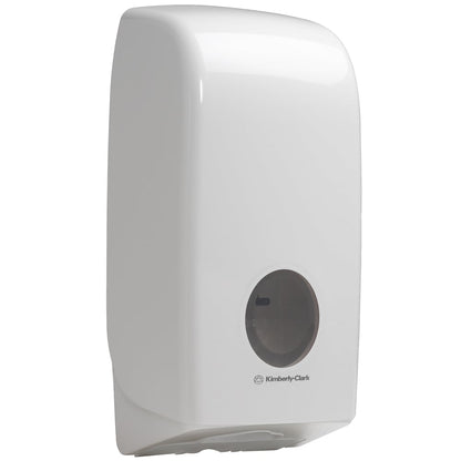 Kimberly-Clark GmbH:n valkoinen Aquarius™ WC-paperiannostelija on seinään kiinnitettävä suorakulmainen annostelija, jossa on pieni läpinäkyvä ikkuna paperitasolle, ihanteellinen hygieeniseen säilytykseen kaikissa ympäristöissä.