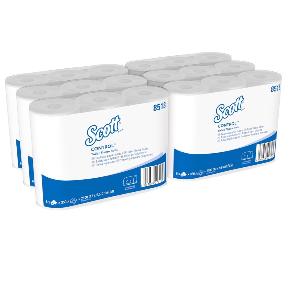 Kuusi pakkausta Scott® Control™ WC-paperia Kimberly-Clark GmbH:lta, joissa on kukin kuusi pientä valkoista rullaa (350 arkkia per rulla), on asetettu yksiväriselle valkoiselle taustalle korostamaan hygieniaa ja puhtautta.