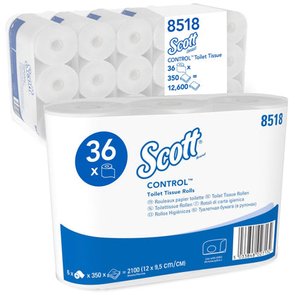 Yksi pakkaus Scott® Control™ WC-paperia Kimberly-Clark GmbH:lta sisältää 6 pakkausta, joissa on kukin 6 valkoista rullaa ja 350 arkkia; pakkaus korostaa hygieniaa ja näyttää tuotetiedot.