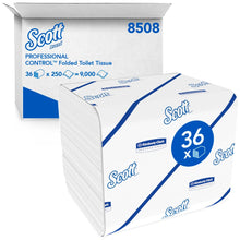 Scott® Control™ WC-paperi Kimberly-Clark GmbH:ltä: 36 pakettia à 250 valkoista yksittäisarkkia, hygieeninen yksittäisarkkijärjestelmä, sininen brändäys, pinottu laatikon eteen.