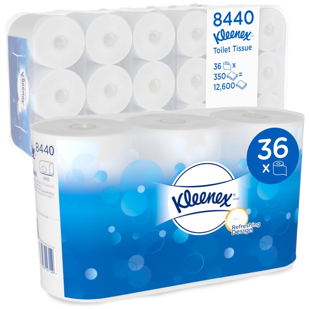Kimberly-Clark GmbH:n laatikko, jossa on kuusi pakkausta Kleenex® WC-paperia, joissa kussakin 6 valkoista rullaa (350 arkkia per rulla), yhteensä 36 rullaa ja 12 600 arkkia; pakkaus on valko-sininen.
