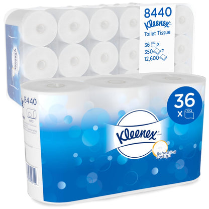 Kimberly-Clark GmbH:n laatikko, jossa on kuusi pakkausta Kleenex® WC-paperia, joissa kussakin 6 valkoista rullaa (350 arkkia per rulla), yhteensä 36 rullaa ja 12 600 arkkia; pakkaus on valko-sininen.