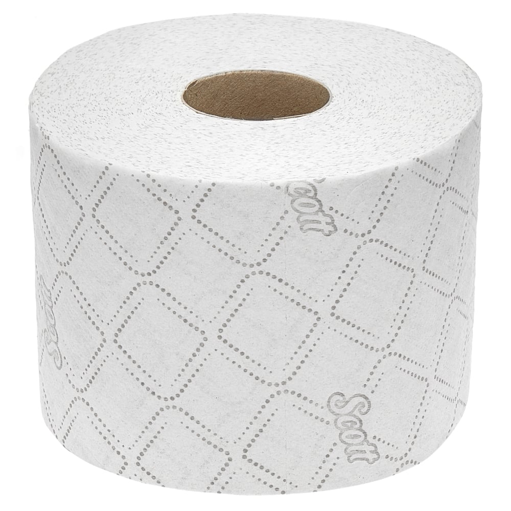 Scott® Control™ WC-paperi Kimberly-Clark GmbH:lta: 6 pakkausta, joissa 6 valkoista rullaa, 350 arkkia, timanttikuvioitu, "Scott"-painatus, mukavuuden ja hygienian vuoksi. Kuvattu käyttämättömänä valkoisella taustalla.