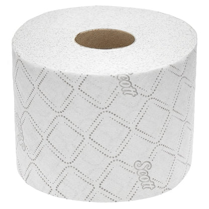 Scott® Control™ WC-paperi Kimberly-Clark GmbH:lta: 6 pakkausta, joissa 6 valkoista rullaa, 350 arkkia, timanttikuvioitu, "Scott"-painatus, mukavuuden ja hygienian vuoksi. Kuvattu käyttämättömänä valkoisella taustalla.