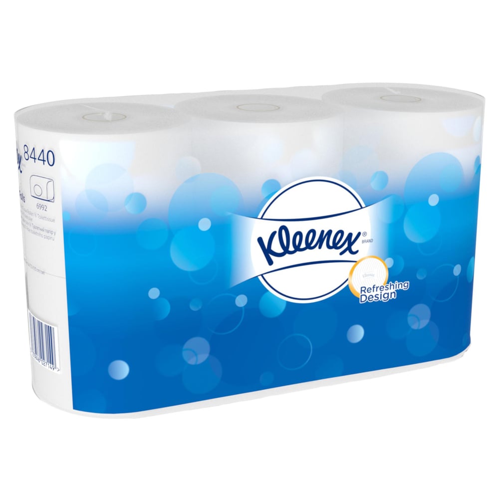 Kimberly-Clark GmbH:n laatikossa on 6 pakkausta Kleenex® WC-paperia, joissa kussakin on 6 pientä valkoista rullaa (350 arkkia per rulla) pitkäkestoiseen mukavuuteen - ihanteellinen perheille tai usein käytettäväksi.