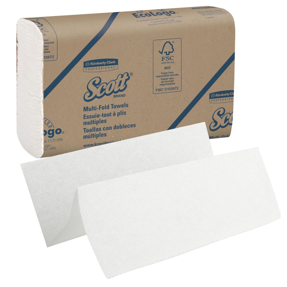 Laatikko Scott® Käsipyyhkeitä - MultiFold, Valkoinen, Keskikoko, 16 klipsiä x 250 arkkia Kimberly-Clark GmbH:lta; kuvattu kahden avaamattoman valkoisen käsipyyhkeen kanssa - ihanteellinen hygieeniseen käsien kuivaamiseen.