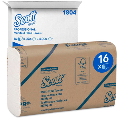 Valkoinen lähetyslaatikko, jossa lukee "Scott® Käsipyyhkeet - MultiFold / Valkoinen" Kimberly-Clark GmbH:lta, sisältää 16 pakkausta, joissa kussakin on 250 arkkia (yhteensä 4 000 käsipyyhettä) ja tarjoaa hygieenistä käsien kuivausta kätevässä monipakkauksessa.