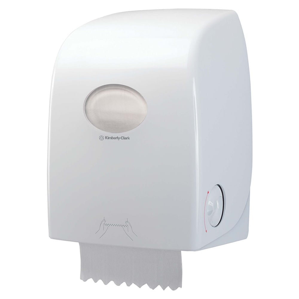 Aquarius™ rullapyyheannostelija - valkoinen Kimberly-Clark GmbH:lta on valkoinen, seinään kiinnitettävä annostelija, jossa on läpinäkyvä soikea ikkuna, joka näyttää sisällä olevan paperipyyherullan ja jakaa pyyhkeen alareunasta - ihanteellinen julkisiin tiloihin.