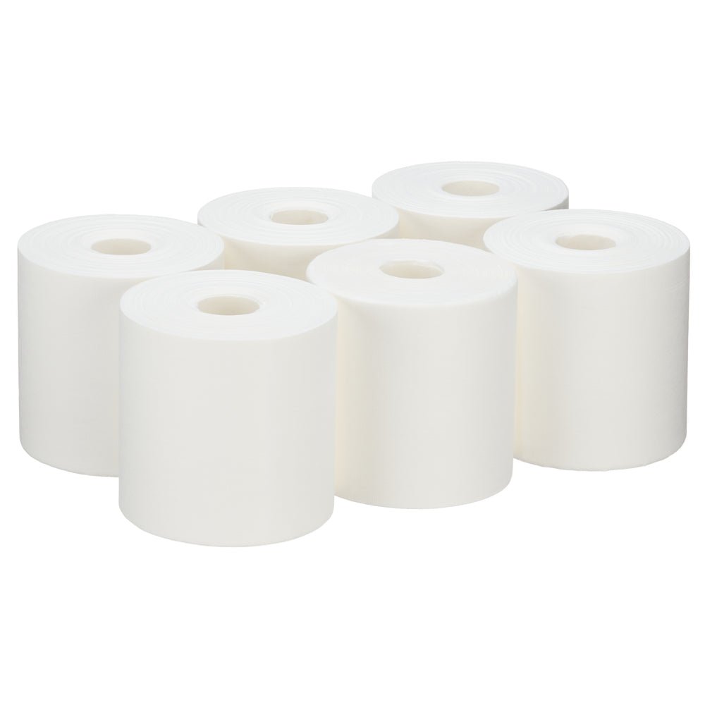 Kuusi WypAll® Wettask™ PowerClean -rullaa Kimberly-Clark GmbH:lta (valkoinen, 6 täyttöpakkausta à 60 liinaa) on järjestetty kahteen riviin. Jokaisessa rullassa on keskellä reikä ja sileät reunat - ihanteellinen ammattimaiseen puhdistukseen.