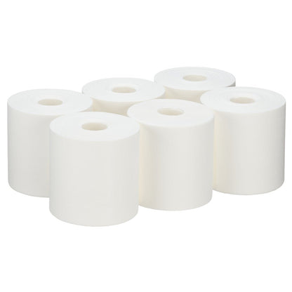 Kuusi WypAll® Wettask™ PowerClean -rullaa Kimberly-Clark GmbH:lta (valkoinen, 6 täyttöpakkausta à 60 liinaa) on järjestetty kahteen riviin. Jokaisessa rullassa on keskellä reikä ja sileät reunat - ihanteellinen ammattimaiseen puhdistukseen.