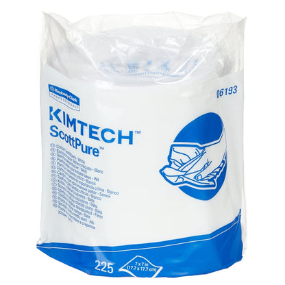 Kimberly-Clark GmbH:n Kimtech®-pyyhkeiden laatikko - keskitetty poisto sisältää 6 rullaa, joissa jokaisessa on 225 valkoista liinaa, sinivalkoisella brändäyksellä ja käsipyyhkeen kuvalla tehokasta puhdistusta varten.