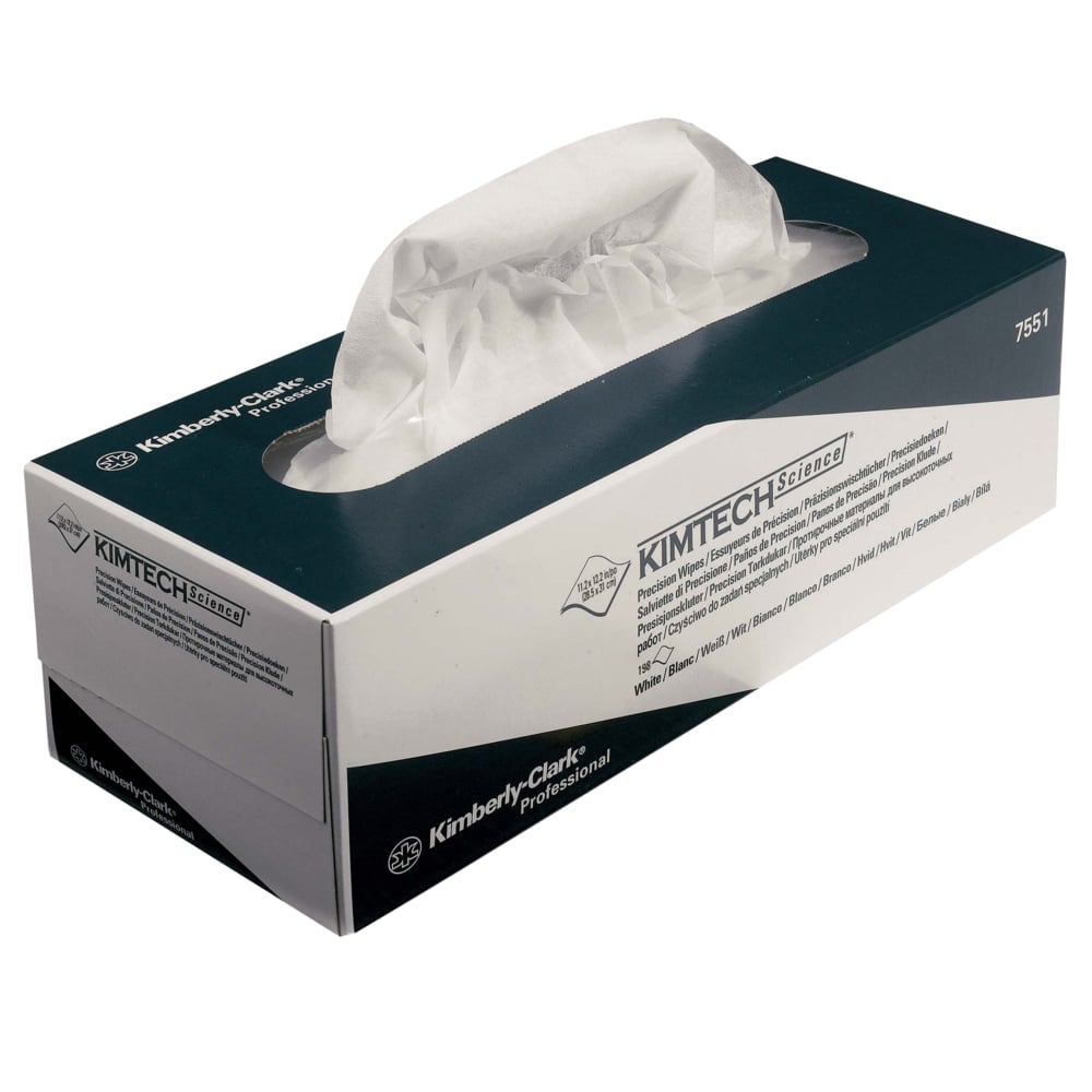 Suorakulmainen Kimberly-Clark GmbH:n Kimtech® Science Precision -liinapakkaus - Vetolaatikko/Valkoinen/Suuri (15 laatikkoa x 196 arkkia), jossa on esillä oleva valkoinen liina, ihanteellinen herkille pinnoille.