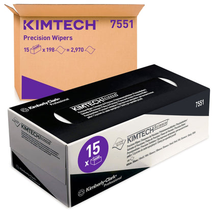 Kuvassa on kaksi Kimberly-Clark GmbH:n Kimtech® Science Precision -liinapakkausta: ruskea kuljetuslaatikko (15x196 arkkia) ja mustavalkoinen myyntipakkaus herkille pinnoille.