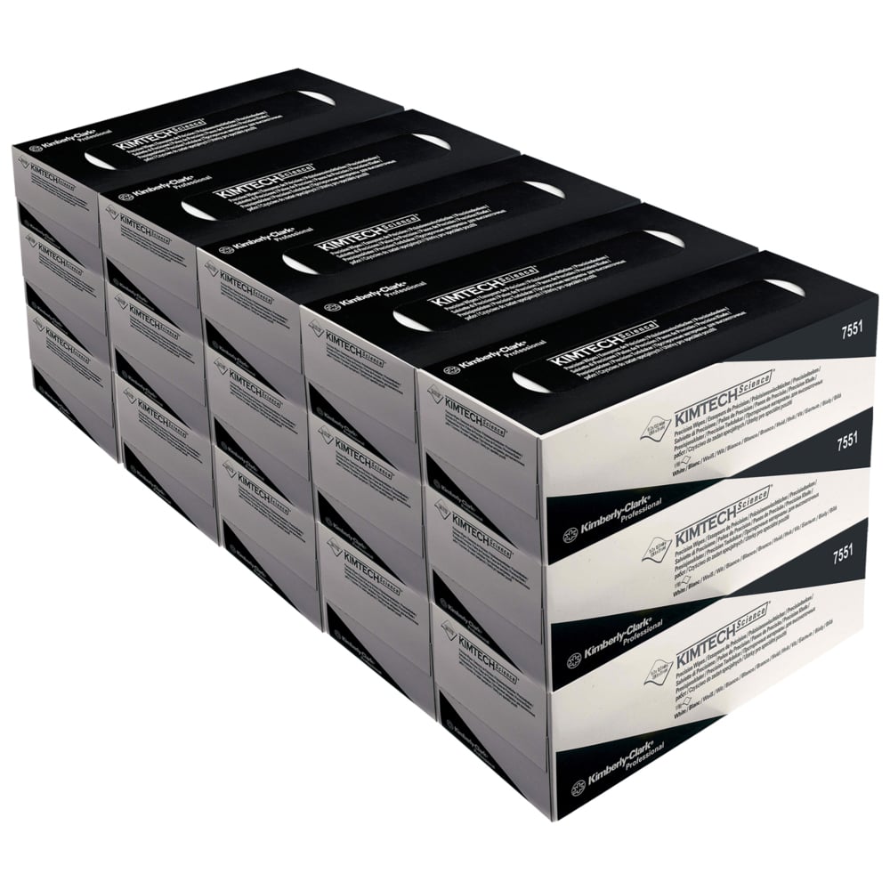 Neljä riviä Kimberly-Clark GmbH:n Kimtech® Science Precision -liinapakkauksia, Suuri, Valkoinen (15 laatikkoa x 196 liinaa) on pinottu päällekkäin; jokainen laatikko näyttää selvästi merkin ja tuotetiedot pakkauksessa.