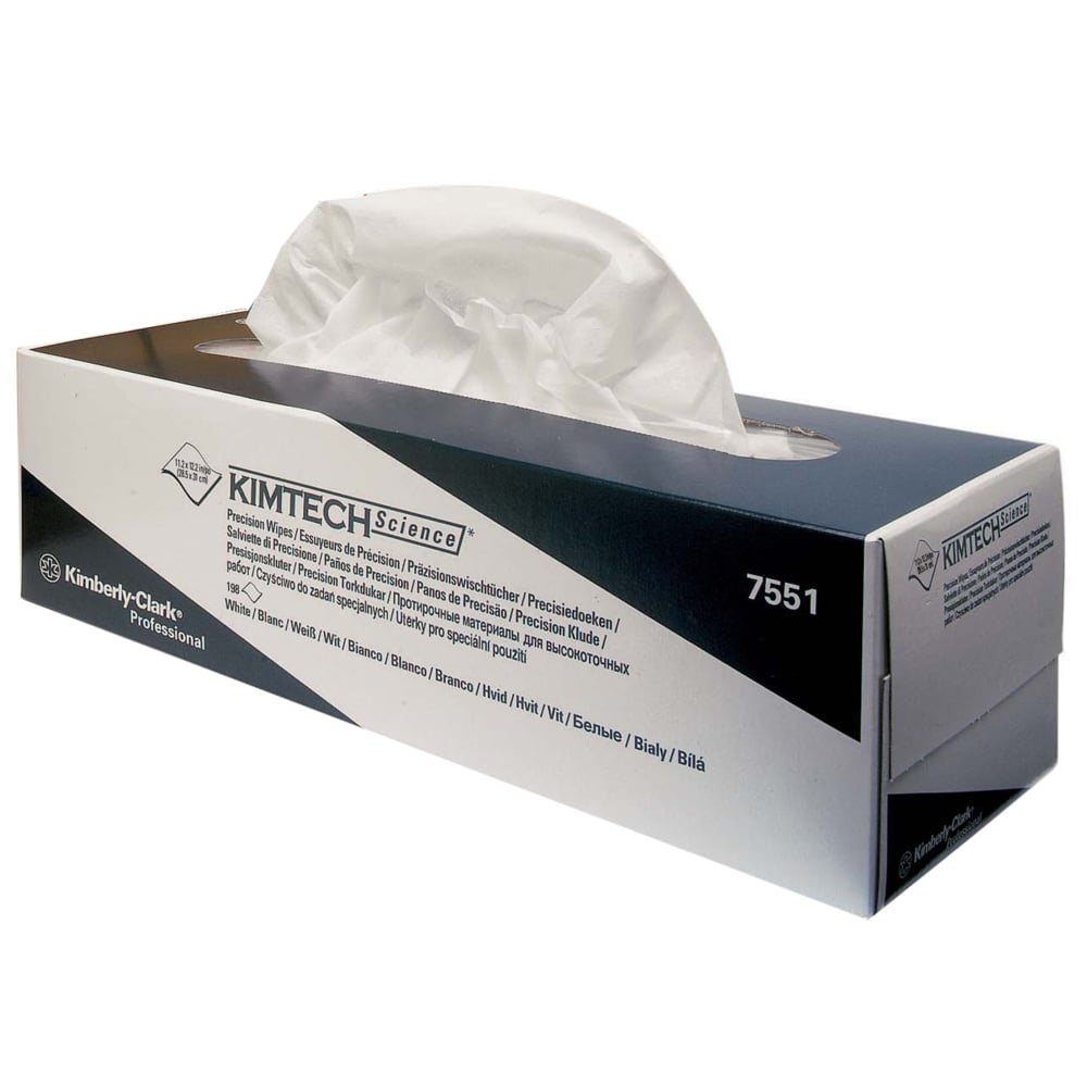 Kimberly-Clark GmbH:n Kimtech® Science Precision -liinapakkaus (Valkoinen/Suuri, 15 laatikkoa x 196 liinaa) seisoo valkoisella pinnalla, liina helposti vedettävissä - ihanteellinen herkille pinnoille.